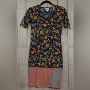 LuLaRoe Julia Navy Floral Midi Dress with Striped Hem
